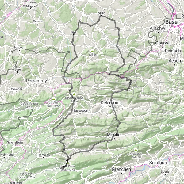 Miniaturekort af cykelinspirationen "Udfordrende vejcykeltur gennem Jura og Alsace" i Espace Mittelland, Switzerland. Genereret af Tarmacs.app cykelruteplanlægger