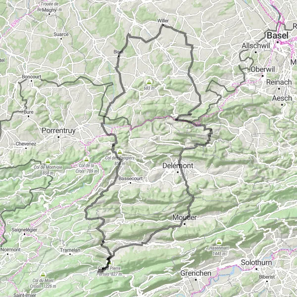 Karten-Miniaturansicht der Radinspiration "Die Jurahöhenroute" in Espace Mittelland, Switzerland. Erstellt vom Tarmacs.app-Routenplaner für Radtouren