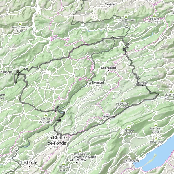 Miniatuurkaart van de fietsinspiratie "Fietsroute van Corgémont naar Tramelan en terug" in Espace Mittelland, Switzerland. Gemaakt door de Tarmacs.app fietsrouteplanner
