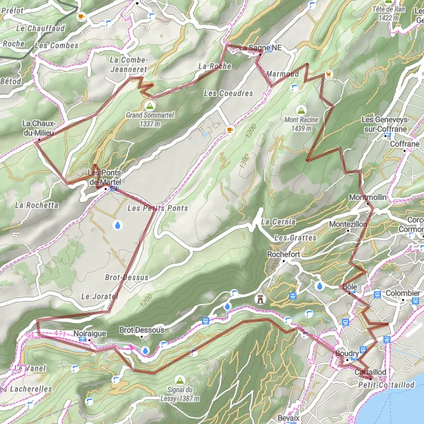 Miniatua del mapa de inspiración ciclista "Aventura en Grava desde Cortaillod a Mont Racine" en Espace Mittelland, Switzerland. Generado por Tarmacs.app planificador de rutas ciclistas