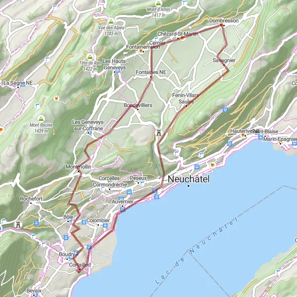 Map miniature of "Cortaillod Hills" cycling inspiration in Espace Mittelland, Switzerland. Generated by Tarmacs.app cycling route planner