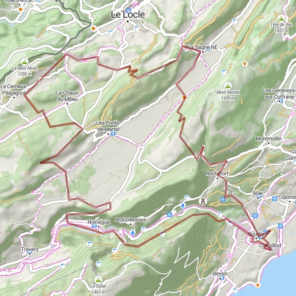 Miniatua del mapa de inspiración ciclista "Ruta de Grava de Cortaillod a Rochefort" en Espace Mittelland, Switzerland. Generado por Tarmacs.app planificador de rutas ciclistas