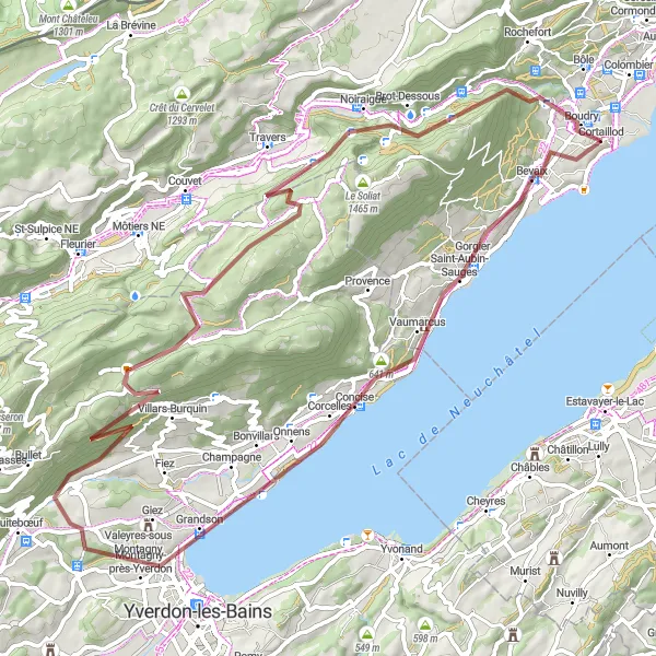 Miniatua del mapa de inspiración ciclista "Aventura en Grava de Cortaillod a Creux-du-Van" en Espace Mittelland, Switzerland. Generado por Tarmacs.app planificador de rutas ciclistas