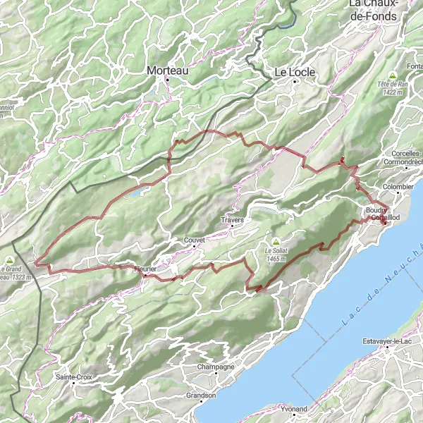 Kartminiatyr av "Grusvei eventyr rundt Cortaillod" sykkelinspirasjon i Espace Mittelland, Switzerland. Generert av Tarmacs.app sykkelrutoplanlegger