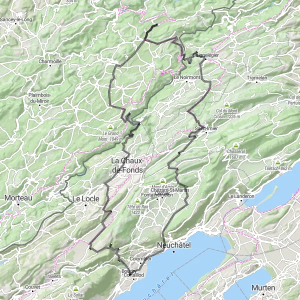 Zemljevid v pomanjšavi "Popotovanje skozi čarobne krajine Jura" kolesarske inspiracije v Espace Mittelland, Switzerland. Generirano z načrtovalcem kolesarskih poti Tarmacs.app