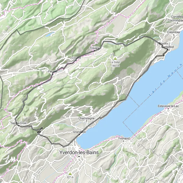 Mapa miniatúra "Scenic Road Cycling Loop near Cortaillod" cyklistická inšpirácia v Espace Mittelland, Switzerland. Vygenerované cyklistickým plánovačom trás Tarmacs.app