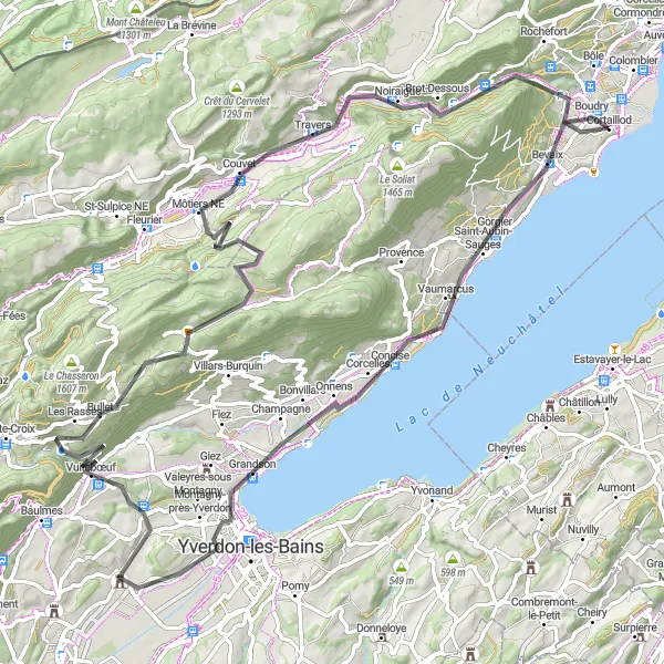 Miniatua del mapa de inspiración ciclista "Ruta de Ciclismo de Carretera a Boudry" en Espace Mittelland, Switzerland. Generado por Tarmacs.app planificador de rutas ciclistas