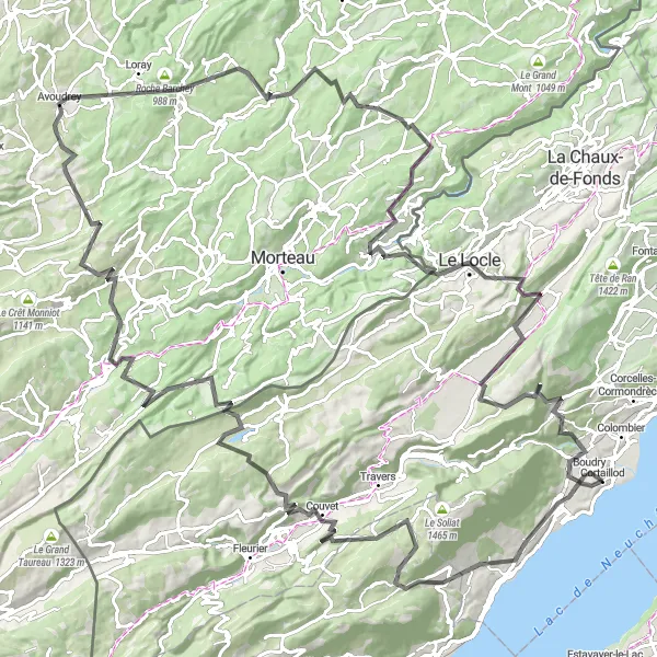 Map miniature of "Tour de Neuchâtel" cycling inspiration in Espace Mittelland, Switzerland. Generated by Tarmacs.app cycling route planner