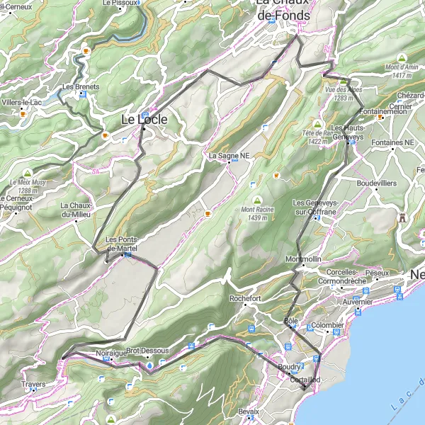Miniatura della mappa di ispirazione al ciclismo "Tra Valli e Montagne - Cortaillod" nella regione di Espace Mittelland, Switzerland. Generata da Tarmacs.app, pianificatore di rotte ciclistiche
