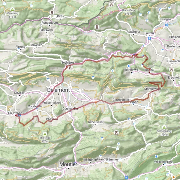 Kartminiatyr av "Grusvei Eventyr nær Courfaivre" sykkelinspirasjon i Espace Mittelland, Switzerland. Generert av Tarmacs.app sykkelrutoplanlegger