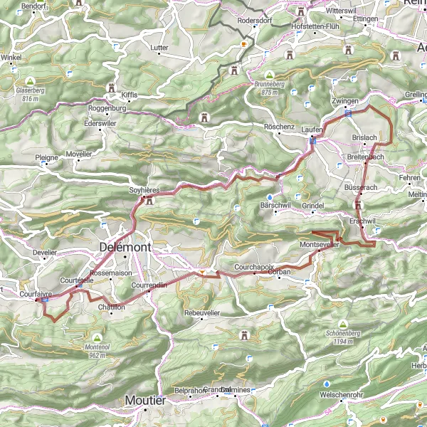 Kartminiatyr av "Grusveier gjennom Jura fra Courfaivre" sykkelinspirasjon i Espace Mittelland, Switzerland. Generert av Tarmacs.app sykkelrutoplanlegger