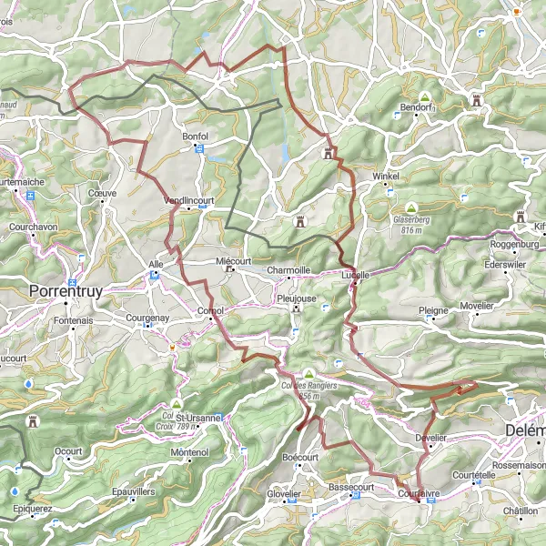 Mapa miniatúra "Tramont - Séprais - Lugnez - Liebsdorf - Bourrignon - La Haute Borne - Courfaivre" cyklistická inšpirácia v Espace Mittelland, Switzerland. Vygenerované cyklistickým plánovačom trás Tarmacs.app