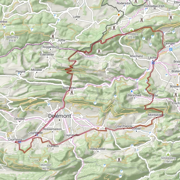 Kartminiatyr av "Blissful Blauenstein Loop fra Courfaivre" sykkelinspirasjon i Espace Mittelland, Switzerland. Generert av Tarmacs.app sykkelrutoplanlegger