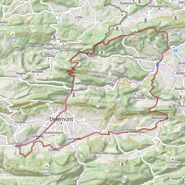 Miniatua del mapa de inspiración ciclista "Ruta de gravel a Courrendlin" en Espace Mittelland, Switzerland. Generado por Tarmacs.app planificador de rutas ciclistas