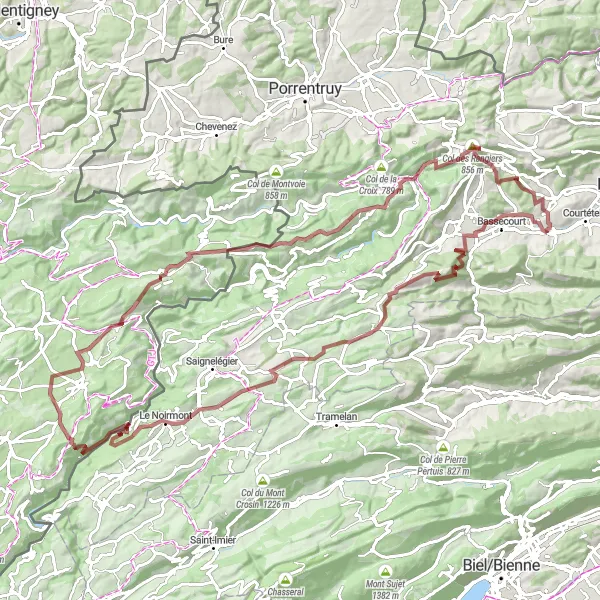 Kartminiatyr av "Utforskende Jura-grusløyper" sykkelinspirasjon i Espace Mittelland, Switzerland. Generert av Tarmacs.app sykkelrutoplanlegger