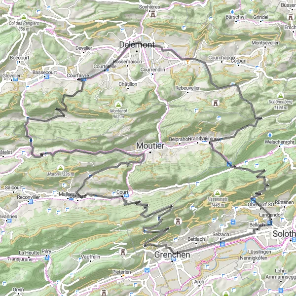 Zemljevid v pomanjšavi "Zanimiva cestna kolesarska pot okoli Courfaivre" kolesarske inspiracije v Espace Mittelland, Switzerland. Generirano z načrtovalcem kolesarskih poti Tarmacs.app