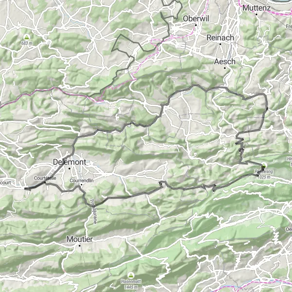 Mapa miniatúra "Courfaivre - Scheltenpass Circuit" cyklistická inšpirácia v Espace Mittelland, Switzerland. Vygenerované cyklistickým plánovačom trás Tarmacs.app