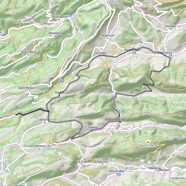 Mapa miniatúra "Jura Heights Circuit" cyklistická inšpirácia v Espace Mittelland, Switzerland. Vygenerované cyklistickým plánovačom trás Tarmacs.app