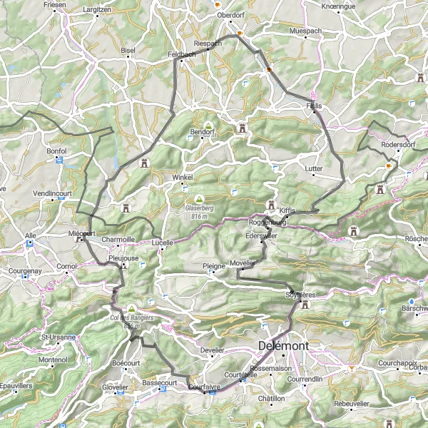 Map miniature of "The Scenic Route to Roppentzwiller" cycling inspiration in Espace Mittelland, Switzerland. Generated by Tarmacs.app cycling route planner