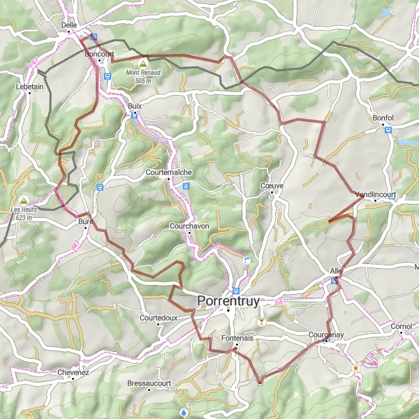 Mapa miniatúra "Gravelová cyklotrasa okolo Courgenay" cyklistická inšpirácia v Espace Mittelland, Switzerland. Vygenerované cyklistickým plánovačom trás Tarmacs.app