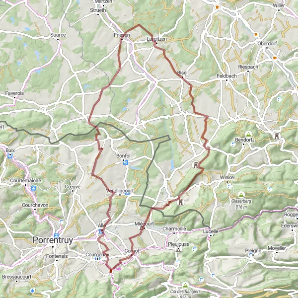 Map miniature of "Allée Gravel Loop" cycling inspiration in Espace Mittelland, Switzerland. Generated by Tarmacs.app cycling route planner