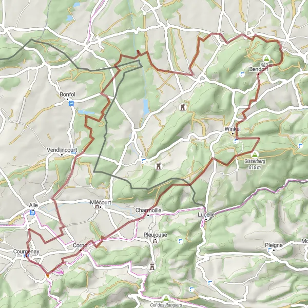 Miniatua del mapa de inspiración ciclista "Ruta de ciclismo en gravilla Courgenay - Vendlincourt - Kœstlach - Glaserberg - Charmoille - Courtemautruy - Courgenay" en Espace Mittelland, Switzerland. Generado por Tarmacs.app planificador de rutas ciclistas
