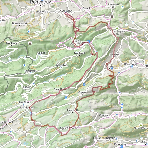 Miniature de la carte de l'inspiration cycliste "Exploration gravel autour de Courgenay" dans la Espace Mittelland, Switzerland. Générée par le planificateur d'itinéraire cycliste Tarmacs.app