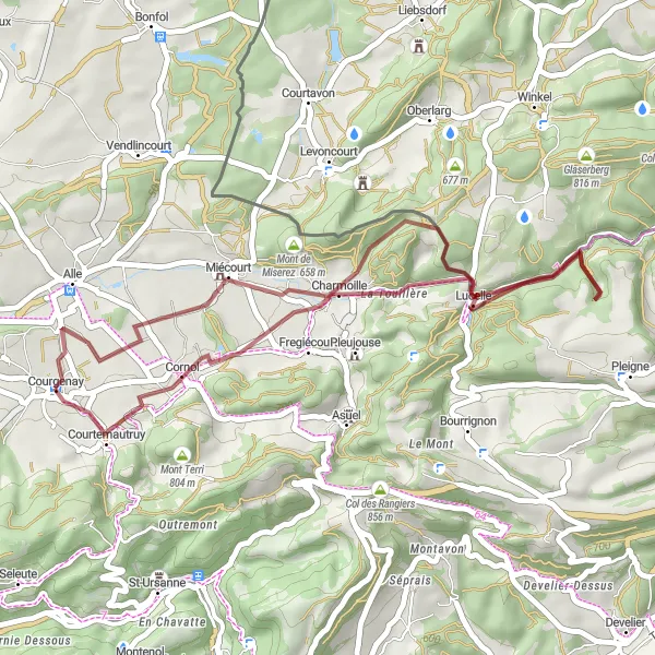 Kartminiatyr av "Kortare grusvägscyklingstur vid Courgenay" cykelinspiration i Espace Mittelland, Switzerland. Genererad av Tarmacs.app cykelruttplanerare