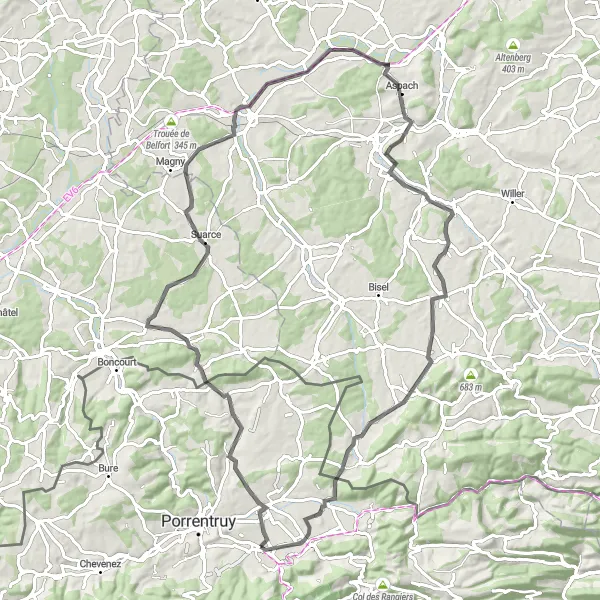 Miniature de la carte de l'inspiration cycliste "Boucle pittoresque depuis Courgenay" dans la Espace Mittelland, Switzerland. Générée par le planificateur d'itinéraire cycliste Tarmacs.app
