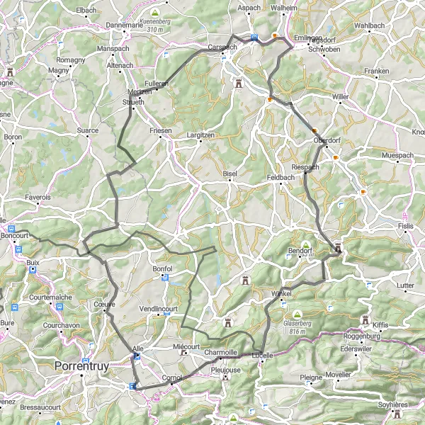 Miniatua del mapa de inspiración ciclista "Ruta de ciclismo en carretera Courgenay - Damphreux - Fulleren - Grentzingen - Rossberg - Charmoille - Courgenay" en Espace Mittelland, Switzerland. Generado por Tarmacs.app planificador de rutas ciclistas