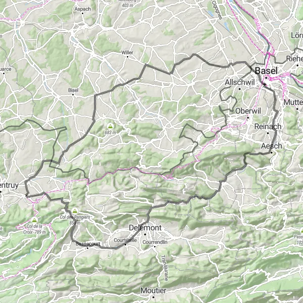 Miniaturní mapa "Trasa kolem Courgenay - Road" inspirace pro cyklisty v oblasti Espace Mittelland, Switzerland. Vytvořeno pomocí plánovače tras Tarmacs.app