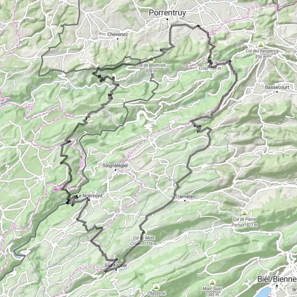Kartminiatyr av "Utforskende rute til Courgenay" sykkelinspirasjon i Espace Mittelland, Switzerland. Generert av Tarmacs.app sykkelrutoplanlegger