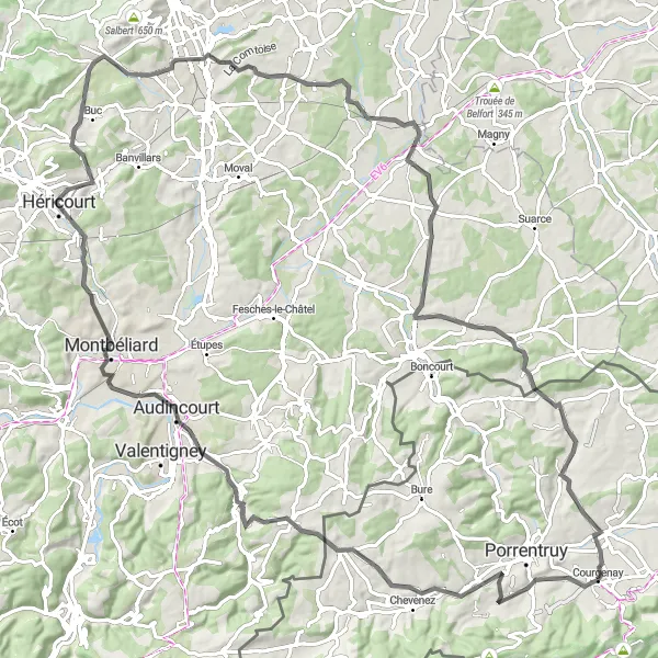 Miniatua del mapa de inspiración ciclista "Aventura en bicicleta de carretera cerca de Courgenay" en Espace Mittelland, Switzerland. Generado por Tarmacs.app planificador de rutas ciclistas