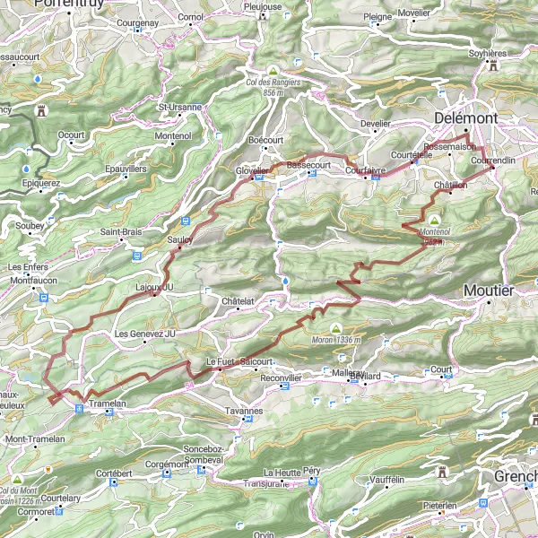 Zemljevid v pomanjšavi "Pustolovščina po neokrnjeni naravi in zgodovinskih znamenitostih" kolesarske inspiracije v Espace Mittelland, Switzerland. Generirano z načrtovalcem kolesarskih poti Tarmacs.app