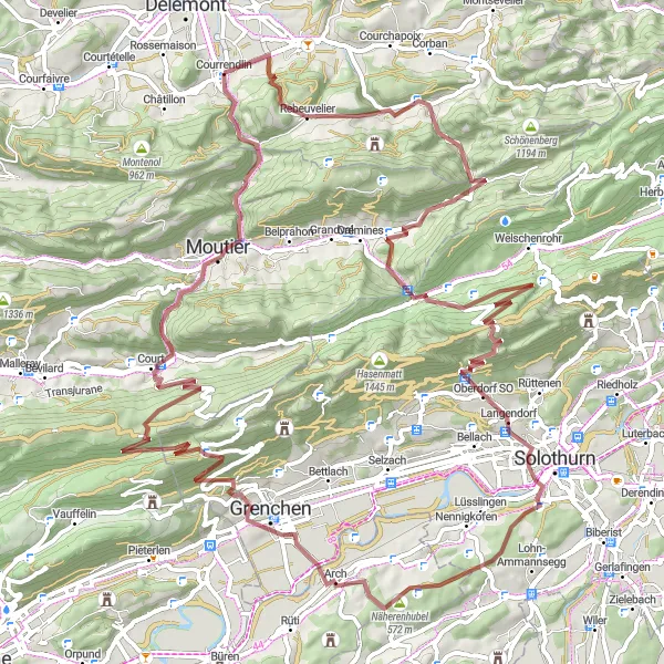 Miniatura della mappa di ispirazione al ciclismo "Avventura in Gravel: Percorso da Courrendlin a Roches" nella regione di Espace Mittelland, Switzerland. Generata da Tarmacs.app, pianificatore di rotte ciclistiche