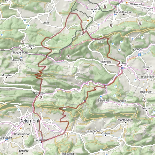 Miniatura della mappa di ispirazione al ciclismo "Esplorazione Gravel tra Villaggi e Paesaggi" nella regione di Espace Mittelland, Switzerland. Generata da Tarmacs.app, pianificatore di rotte ciclistiche