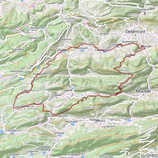 Miniatua del mapa de inspiración ciclista "Ruta de Grava a Montagne de Moutier" en Espace Mittelland, Switzerland. Generado por Tarmacs.app planificador de rutas ciclistas