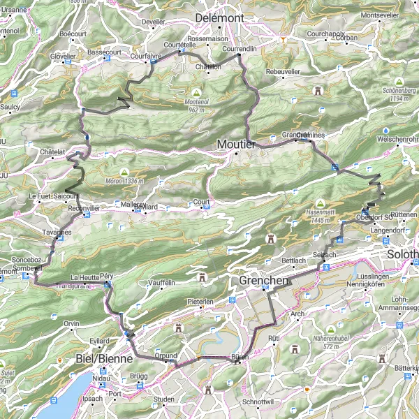 Map miniature of "Jurassic Juggernaut" cycling inspiration in Espace Mittelland, Switzerland. Generated by Tarmacs.app cycling route planner