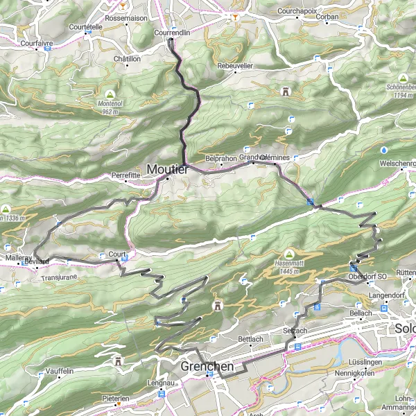 Miniatua del mapa de inspiración ciclista "Ruta escénica de Courrendlin" en Espace Mittelland, Switzerland. Generado por Tarmacs.app planificador de rutas ciclistas