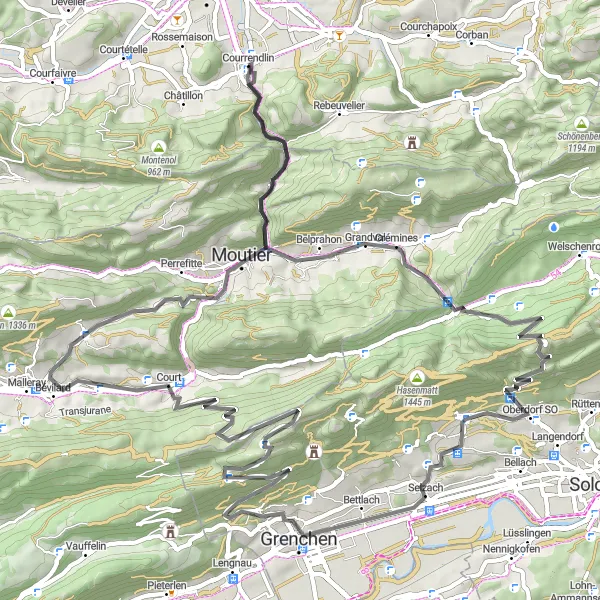 Map miniature of "The Jura Adventure" cycling inspiration in Espace Mittelland, Switzerland. Generated by Tarmacs.app cycling route planner