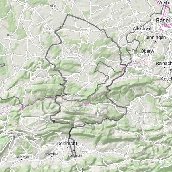 Miniatua del mapa de inspiración ciclista "Ruta larga de Courrendlin" en Espace Mittelland, Switzerland. Generado por Tarmacs.app planificador de rutas ciclistas