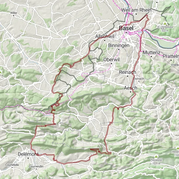 Kartminiatyr av "Grusväg till Courroux" cykelinspiration i Espace Mittelland, Switzerland. Genererad av Tarmacs.app cykelruttplanerare