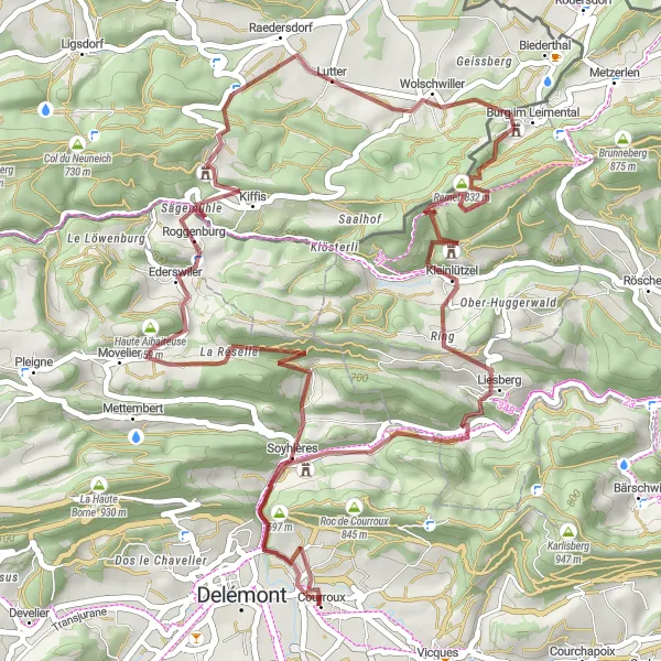 Mapa miniatúra "Gravelová cyklotrasa Soyhières - Courroux" cyklistická inšpirácia v Espace Mittelland, Switzerland. Vygenerované cyklistickým plánovačom trás Tarmacs.app