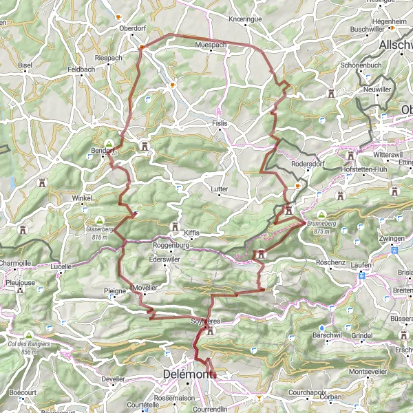 Kartminiatyr av "Scenic Gravel Route to Courroux" cykelinspiration i Espace Mittelland, Switzerland. Genererad av Tarmacs.app cykelruttplanerare
