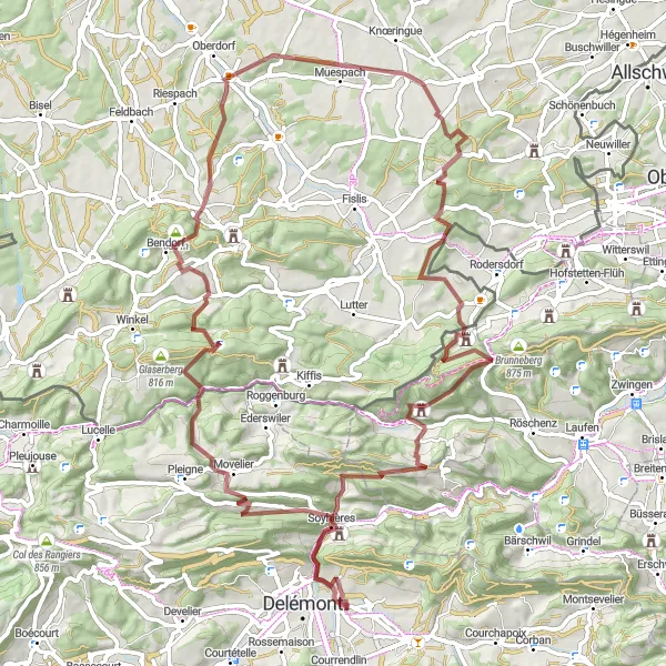 Miniaturní mapa "Gravelový okruh kolem Ruine Alt-Biederthal" inspirace pro cyklisty v oblasti Espace Mittelland, Switzerland. Vytvořeno pomocí plánovače tras Tarmacs.app