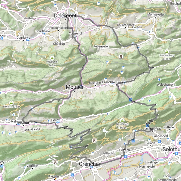 Miniatura della mappa di ispirazione al ciclismo "Giro del Giura Road 3" nella regione di Espace Mittelland, Switzerland. Generata da Tarmacs.app, pianificatore di rotte ciclistiche