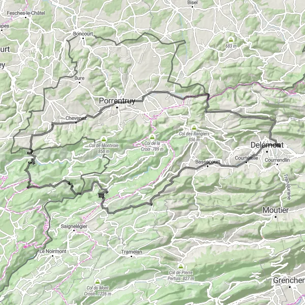 Zemljevid v pomanjšavi "Krožna pot skozi Juro" kolesarske inspiracije v Espace Mittelland, Switzerland. Generirano z načrtovalcem kolesarskih poti Tarmacs.app