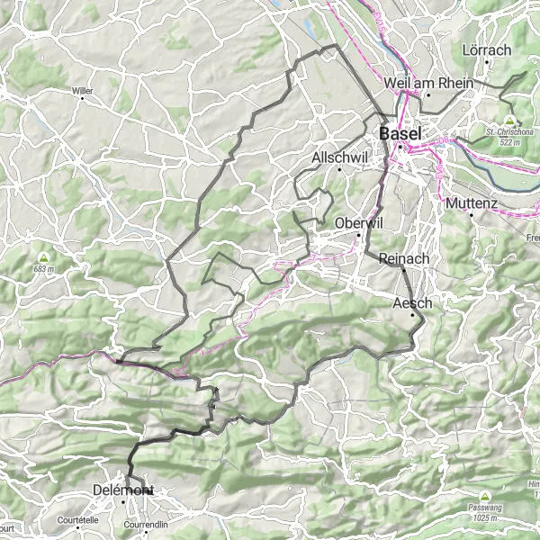 Map miniature of "Basel Road Trip" cycling inspiration in Espace Mittelland, Switzerland. Generated by Tarmacs.app cycling route planner
