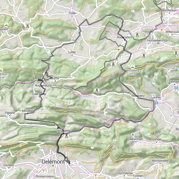 Miniatura della mappa di ispirazione al ciclismo "Giro del Giura Strada" nella regione di Espace Mittelland, Switzerland. Generata da Tarmacs.app, pianificatore di rotte ciclistiche
