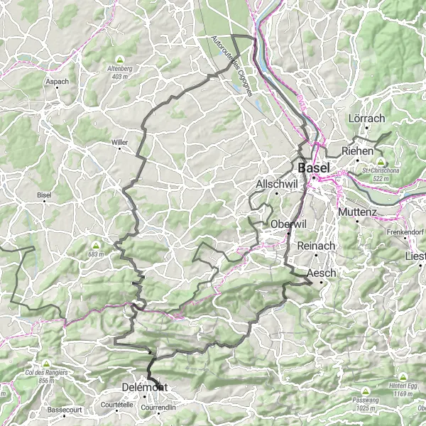 Mapa miniatúra "Cestná cyklotrasa La Joux - Courroux" cyklistická inšpirácia v Espace Mittelland, Switzerland. Vygenerované cyklistickým plánovačom trás Tarmacs.app